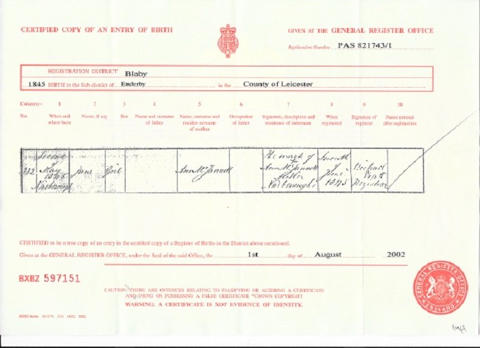 Jane Jannett Birth Certificate